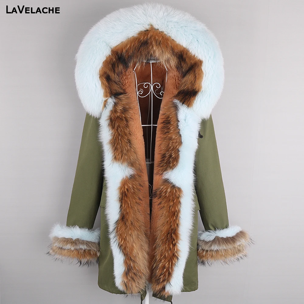 Women Real Fur Coat Long Natural Fur Jacket Raccoon Fur Collar Hooded Thick Warm Streetwear Detachable Long Parka Waterproof