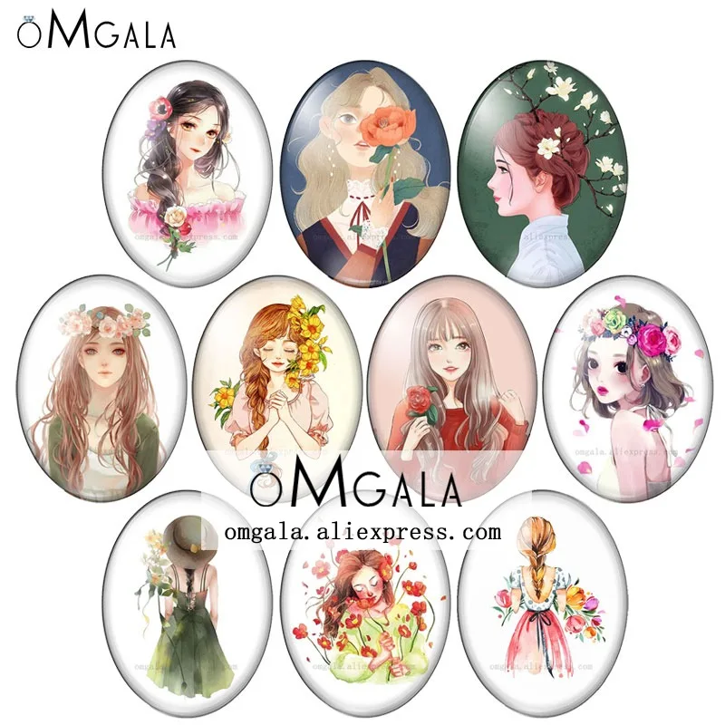 

Artistic Flower Girls Drawings Patterns 10pcs 13x18mm/18x25mm/30x40mm Oval photo glass cabochon demo flat back Making findings