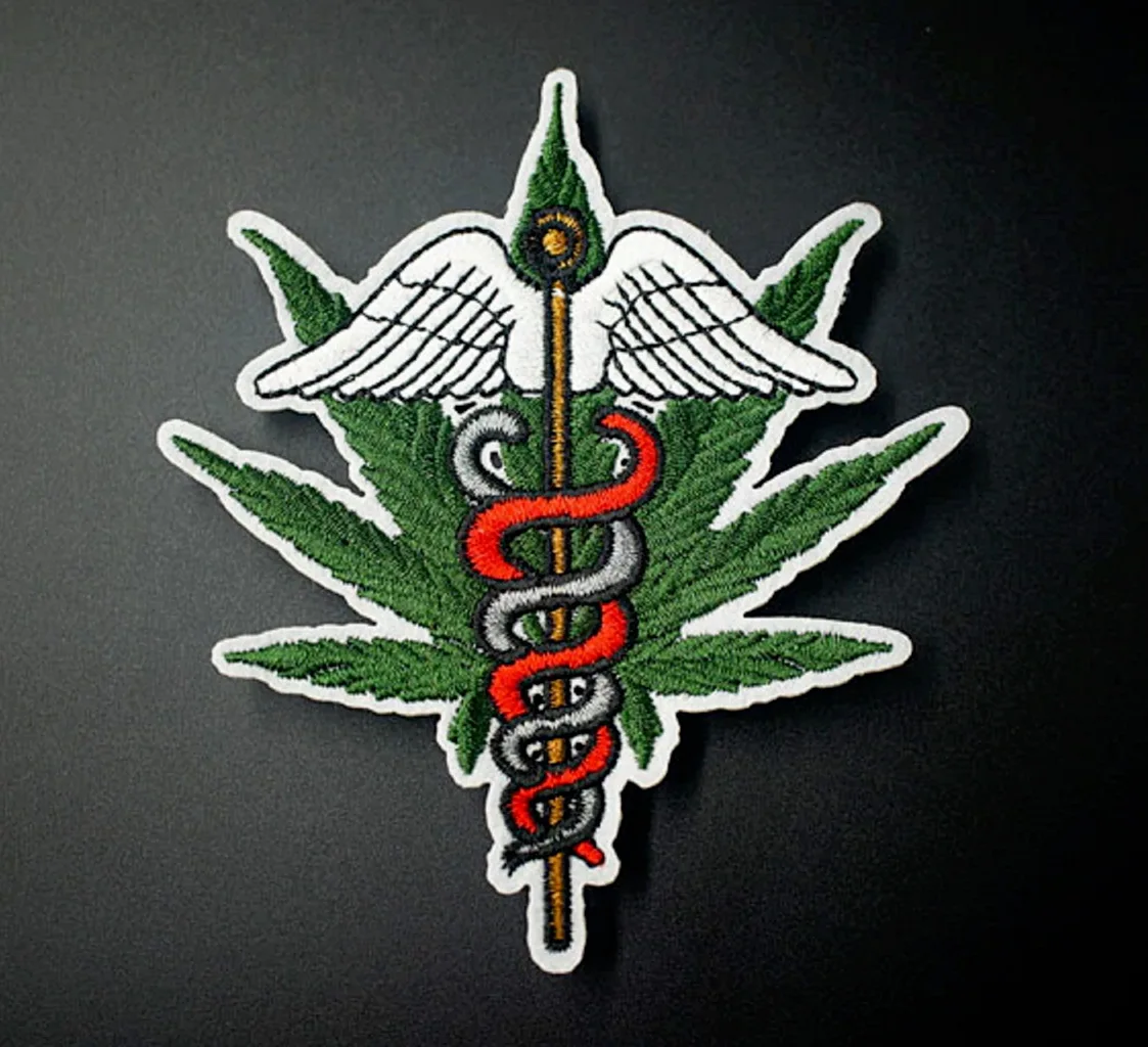 

Medical 7 Leaf Leasve Iron-On Patch - Caduceus Medicine Symbol Pot Weed ≈7.5×8.5 cm