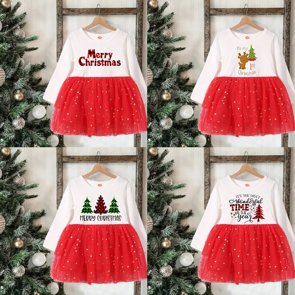 

Merry Christmas Girl Red Dress Christmas Day Long Sleeve Dress Baby Anouncement Holidays Present ChristmasTutu Dresses