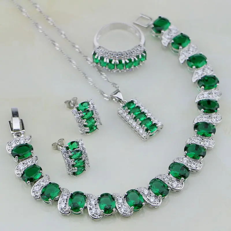 

Trendy Green Created Emerald White CZ 925 Sterling Silver Jewelry Sets Women Wedding Stud Earring/Pendant/Necklace/Bracelet/Ring