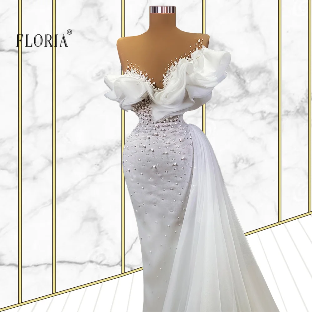 Floria-vestido De noche largo De gasa con mangas abullonadas, elegante, con perlas, sirena, para baile De graduación