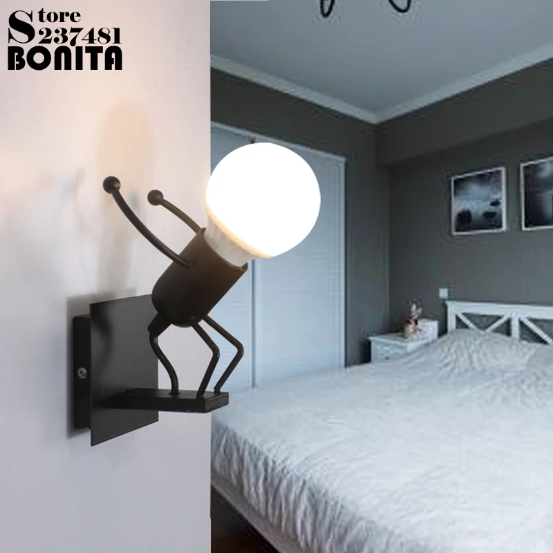 Iron little man small wall lights for home Cute Matchstick Men children's room wall lamps Robot diving skateboard styling sconce