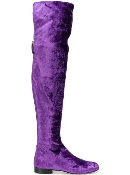 Blue Purple Chocolate Black Pink Solid Velvet Round Toe Over The Knee Flat Casual Boots Woman Classic Slim Thigh Long Botas