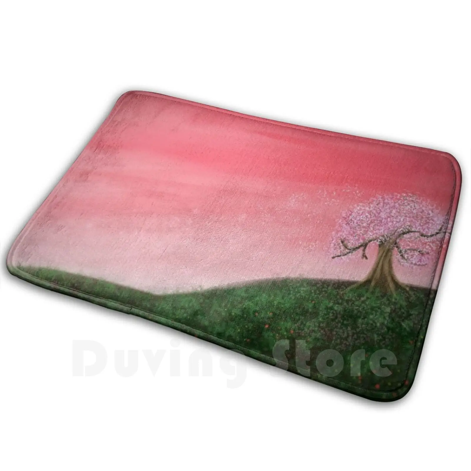 Fleeting As The Cherry Blossom Soft Non-Slip Mat Rug Carpet Cushion Cherry Tree Red Pink Green Hill Nature Blossom