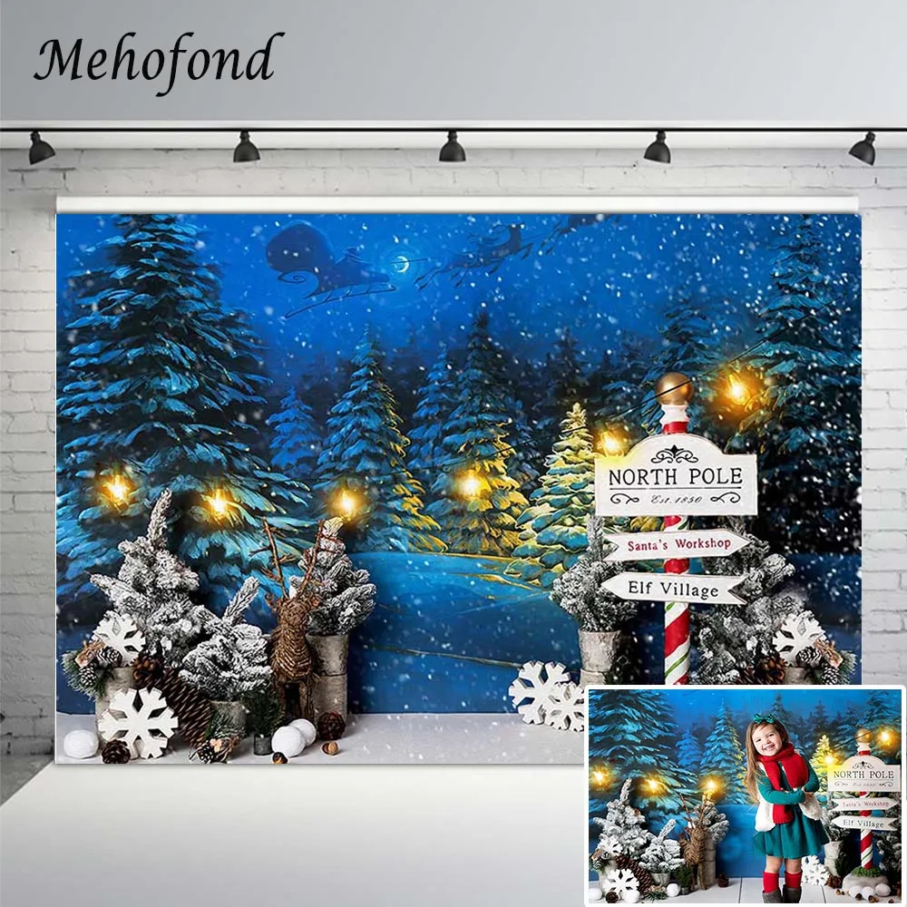 

Winter Forest Photography Backdrop Night Christmas Santa's Workshop Snowflake North Pole Children Portrait Photo Background Prop