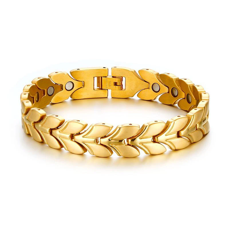 12mm Heavy Punk Gold Color Magnetic Health Wheat Ear Bracelet Men Women Hiphop Stainless Steel Classic Bike Biker Bangle Jewelry