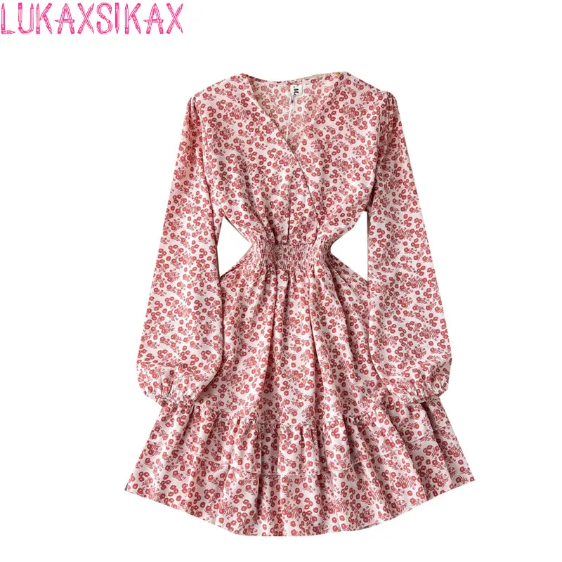 

LUKAXSIKAX 2022 New Spring Autumn Women V-Neck Long Sleeve Slim Mini Dress Vacation Style Sweet Floral Chiffon Dress