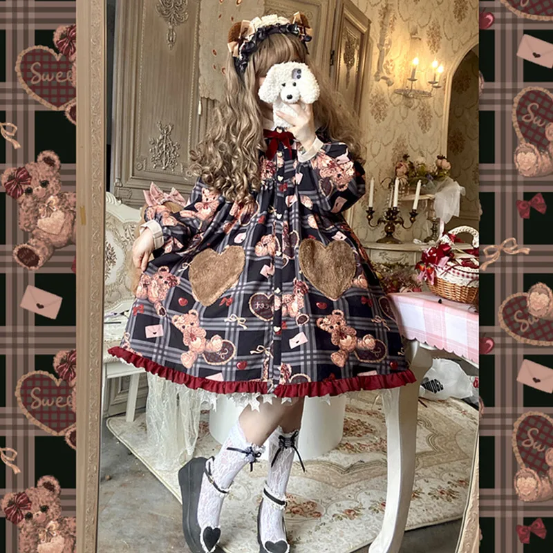 Natale Op autunno inverno Trench Peter Pan colletto abito lungo Lolita dolce ragazza orso carino stampa carina Cosplay Cos Loli