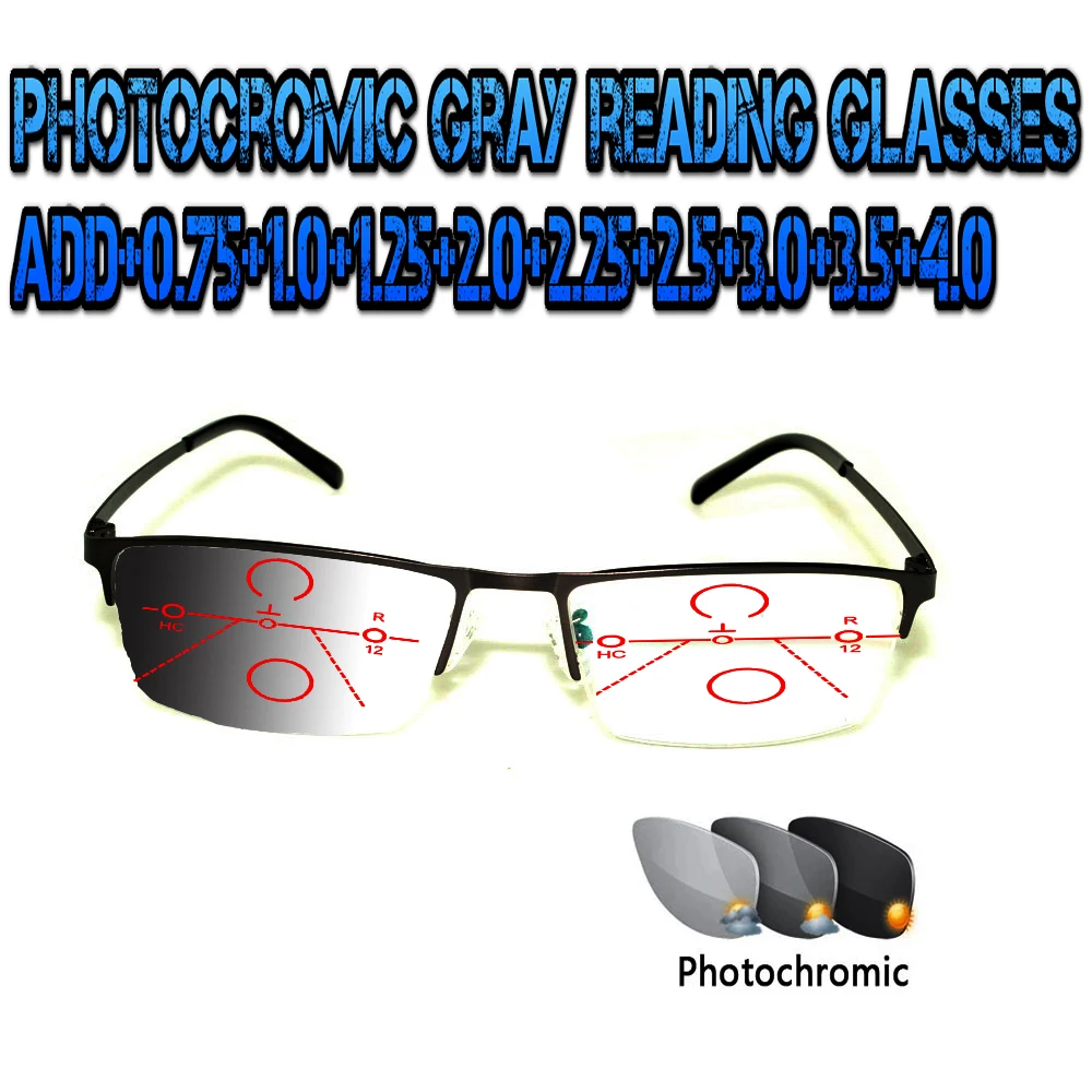 

Photochromic Gray Progressive Multifocal Reading Glasses Men Woem Ultralight Black Frame+1.0 +1.5 +1.75 +2.0 +2.5 +3 +3.5 +4