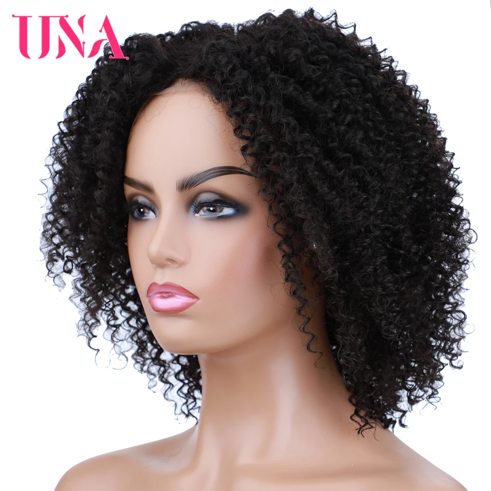 UNAสั้นวิกผมสังเคราะห์Afro Kinky Curlyธรรมชาติลูกไม้กลางวิกผมสำหรับที่มีจำหน่ายสีดำธรรมชาติAfroผมผสม