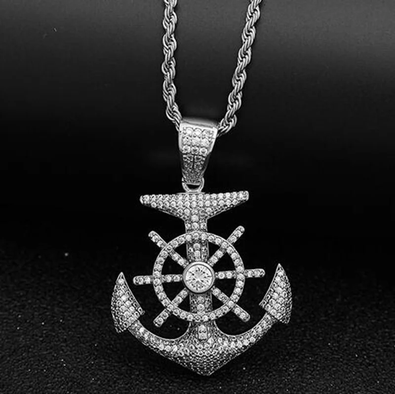 Hip Hop Ice Out Anchor Pendant Necklace for Men Women Fashion Rock Jewelry Music Festival Party Christmas Gift