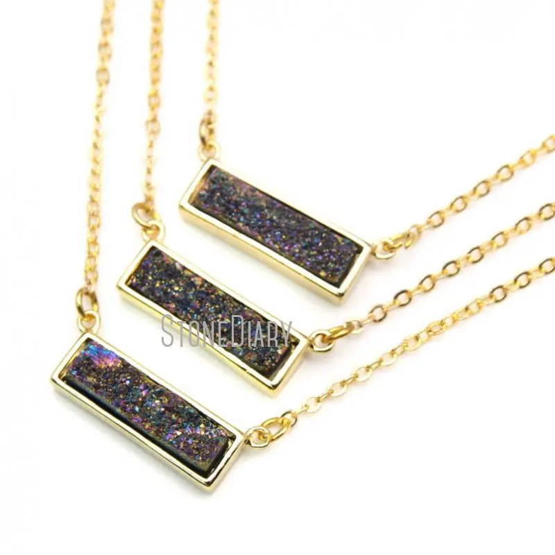 

NM16114 Titanium Plated Rainbow Silver Gray Black Angel Aura Crystal Druzy Copper Rectangle Chain Necklace