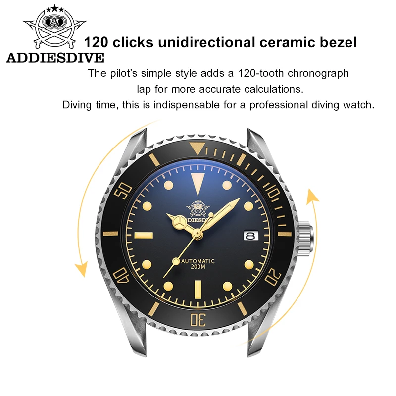 Imagem -06 - Addiesdive Masculino Relógios Automáticos Ad2101 Luxo 20bar Mergulho 316l Aço Inoxidável Relógio Masculino Safira Luminoso Mergulhador Wristwhach