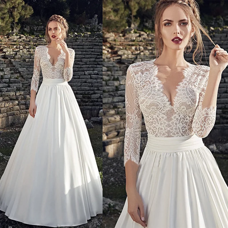 Novo vestido de casamento 2020 topo do laço boho vestido de noiva sexy ilusão com decote em v vestido de casamento feito sob encomenda vestidos de novia lcnm222