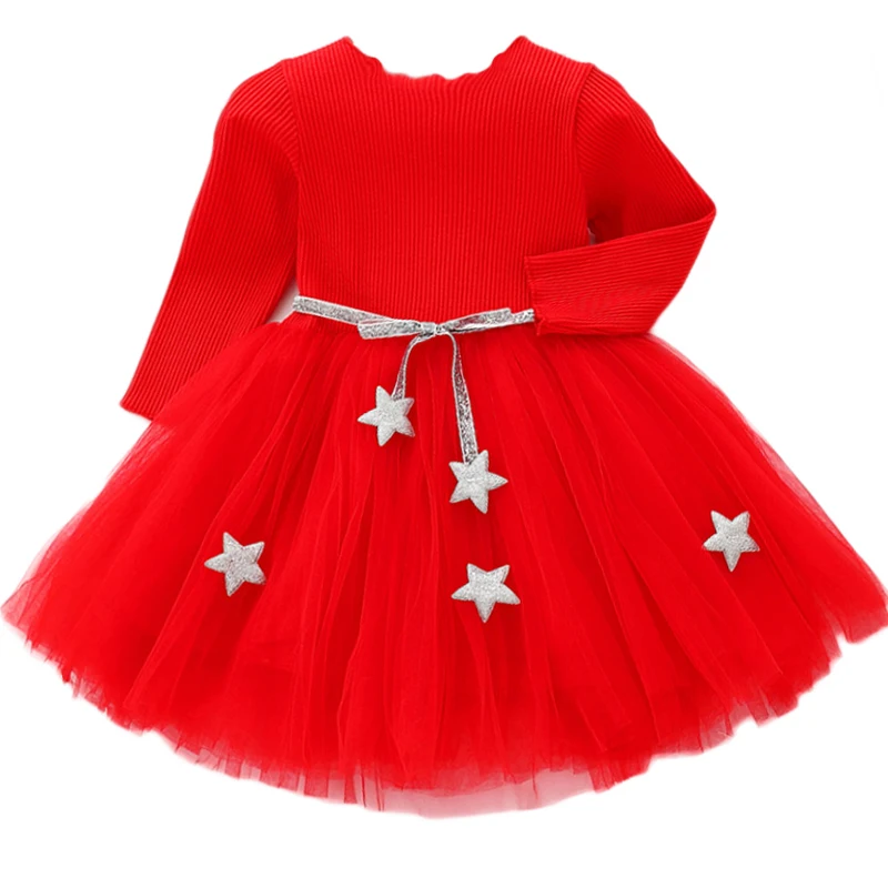 Baby Girls Spring Autumn Sweater Star Dress Infant Girl\'s Christmas Children Clothing Toddler Kids Dresses Clothes for 1- 6Years