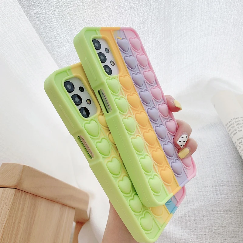 Push it Bubble Fidget Reliver Stress Case For Samsung A12 A21 A31 A51 A71 A01 A32 A10E A20 A30 A50 A11 3D Heart Silicone Cover