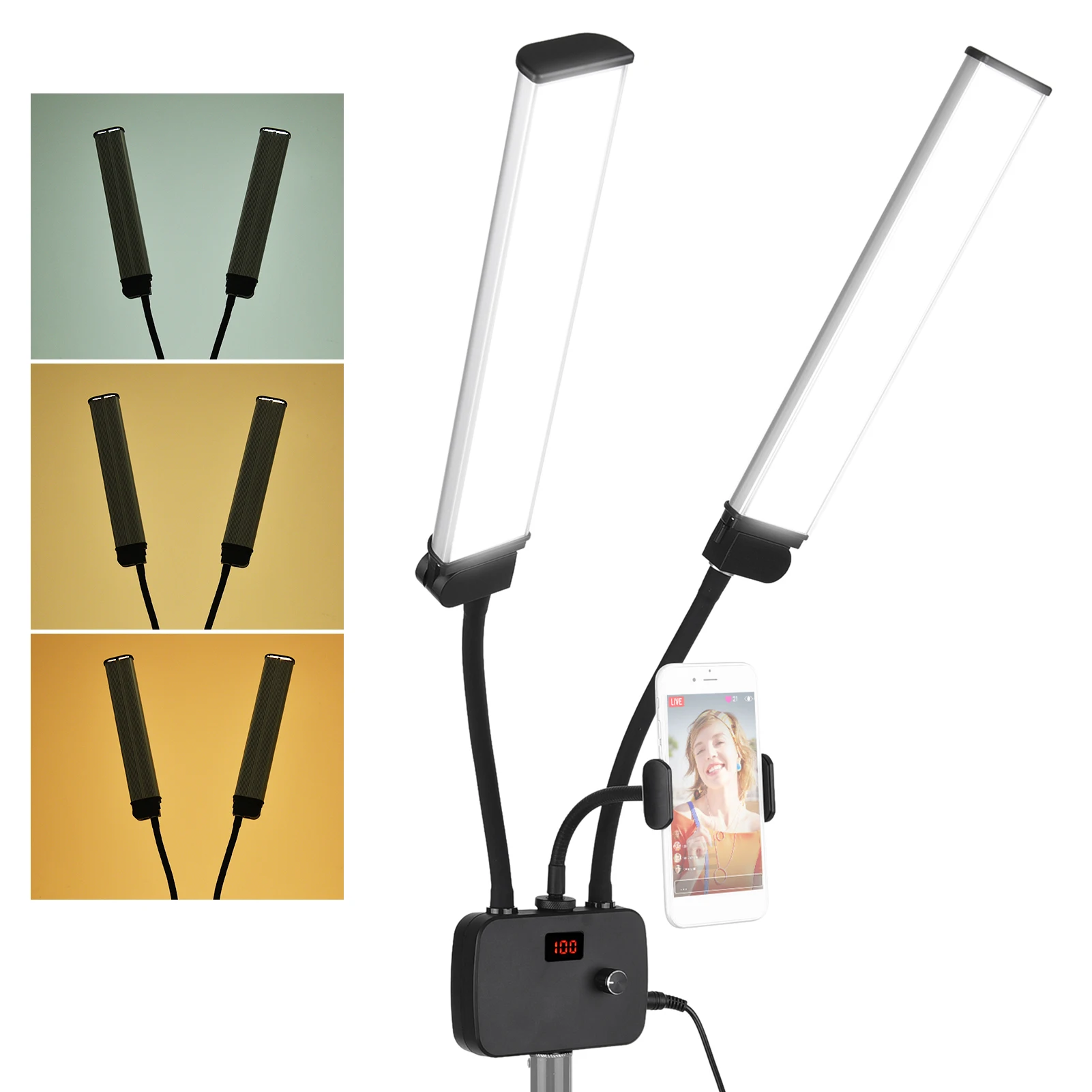 Flexível Duplo Braços LED Fill Light, Video Lights, Suporte do telefone, Live Streaming, 3 Modos de Iluminação, 3200 K, 4500 K, 5600K, 45W