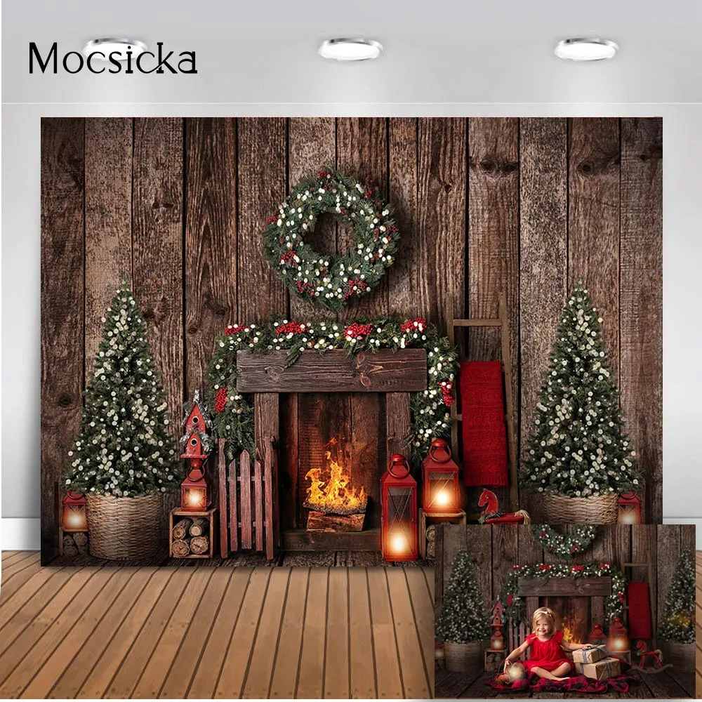 Photography backdrop Christmas fireplace Rustic Wood Wall Photo Background studio portrait newborn photography background prop