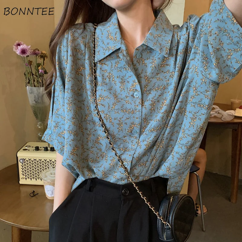 

Shirts Women Vintage Summer Turn Down Collar Print BF Style New Collection Feminine Cozy Simple All-match Unisex Chiffon Clothes