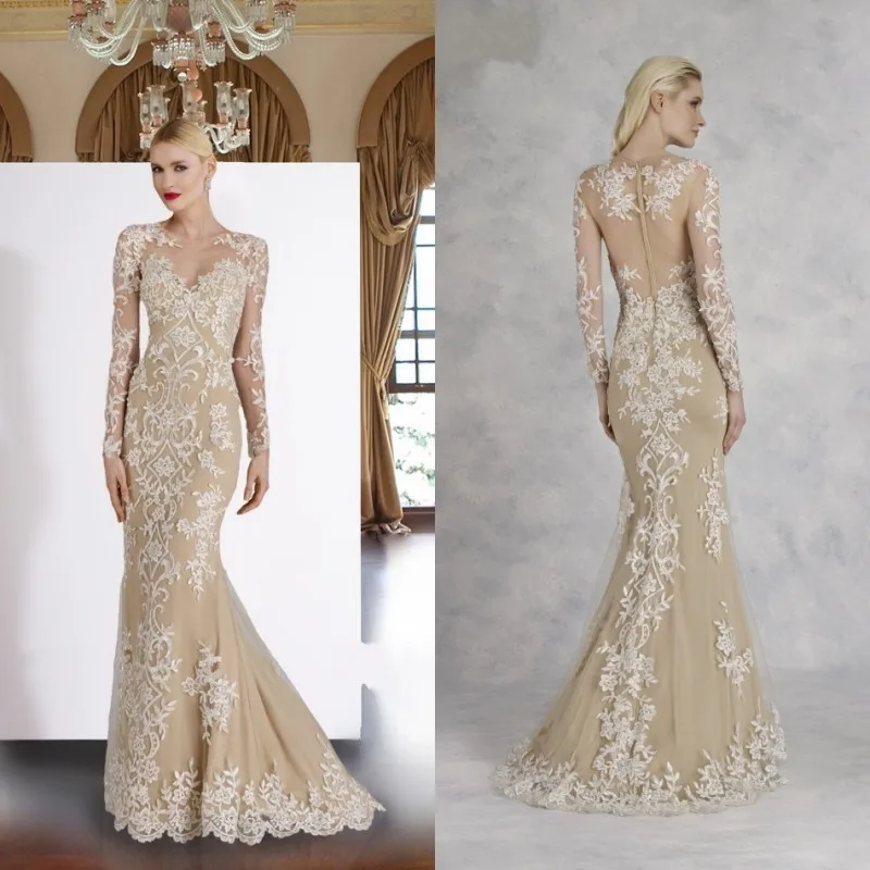 Champagne 2020 Mother Of The Bride Dresses With Long Sleeve Lace Appliqued Mother Of The Groom Gowns Plus Size