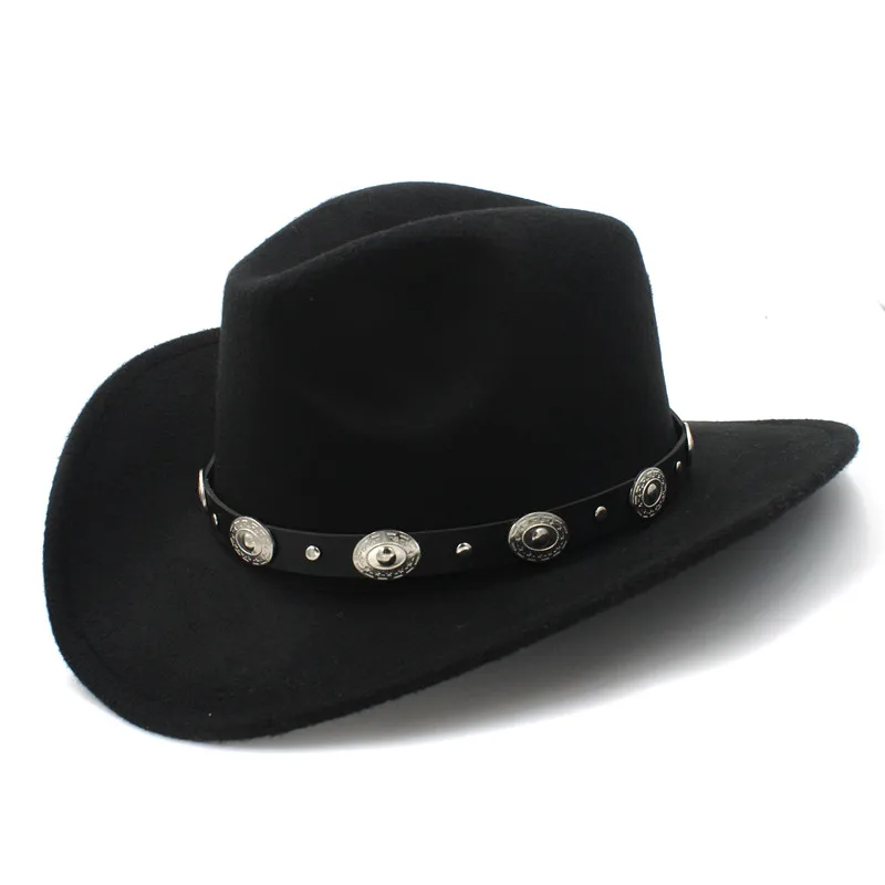 Large Big Plus Size Wool Felt Women Men Western Cowboy Cowgirl Hat Wide Brim Punk Leather Belt Funeral Formal Party Cap (61cm