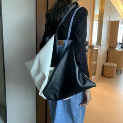 Simple Large-Capacity Black White Splicing Soft PU Leather Big Size Shoulder Roomy Tote Bag Daily Pouch Shopper Hobo Female Huge