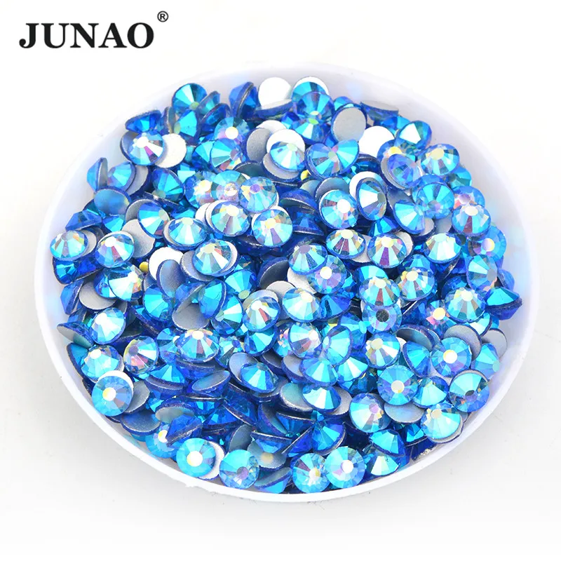 JUNAO ss6 ss8 ss12 ss16 ss20 ss30 Light Blue AB Non Hotfix Glass Crystal Rhinestones Flatback Strass Stone for Nails Garments