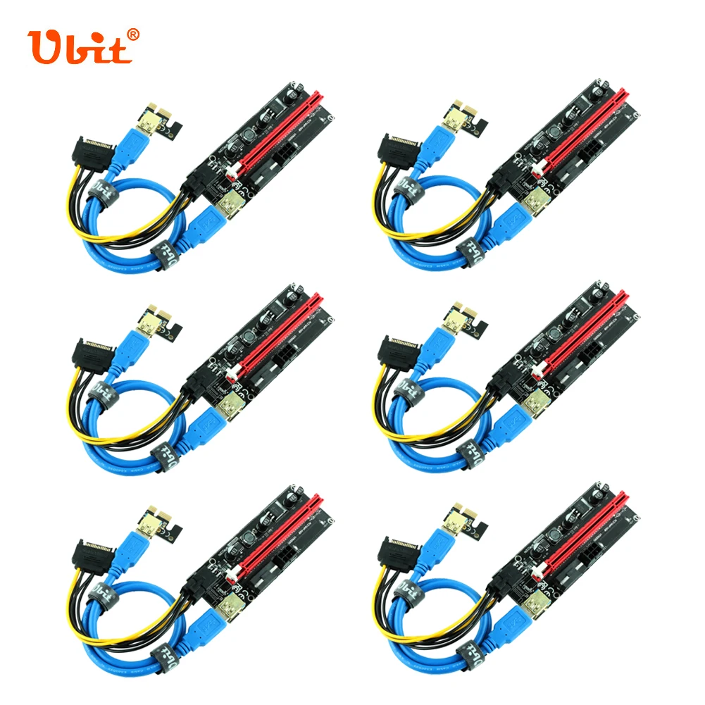 

6pcs Ubit PCI Express Riser Card VER009S PCI-E Adapter Cable USB3.0 1X to 16X Dual 6pin Sata Power Expansion For Ethereum Mining