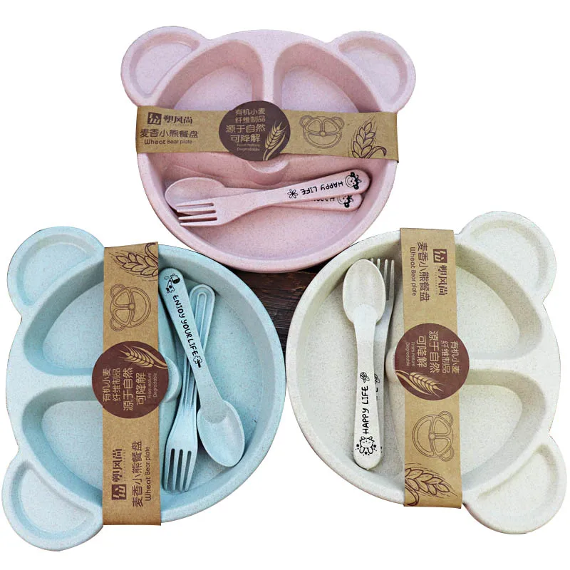 

Baby bowl+spoon+fork Feeding Food Tableware Set Cartoon Bear Kids Dishes Eating Dinnerware Anti-hot Wheat Straw Training Plate