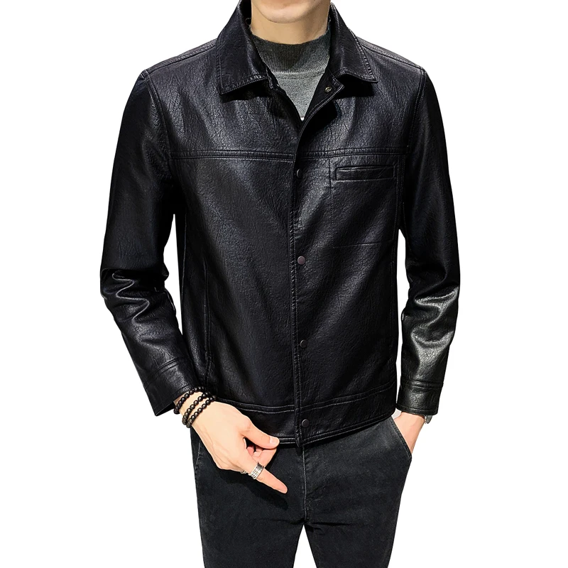 

2021 Autumn Leather Jacket Mens Coat Faux PU Lapel Single Breasted Bomber Motorcycle Biker Korean Version Slim Casual Outwear