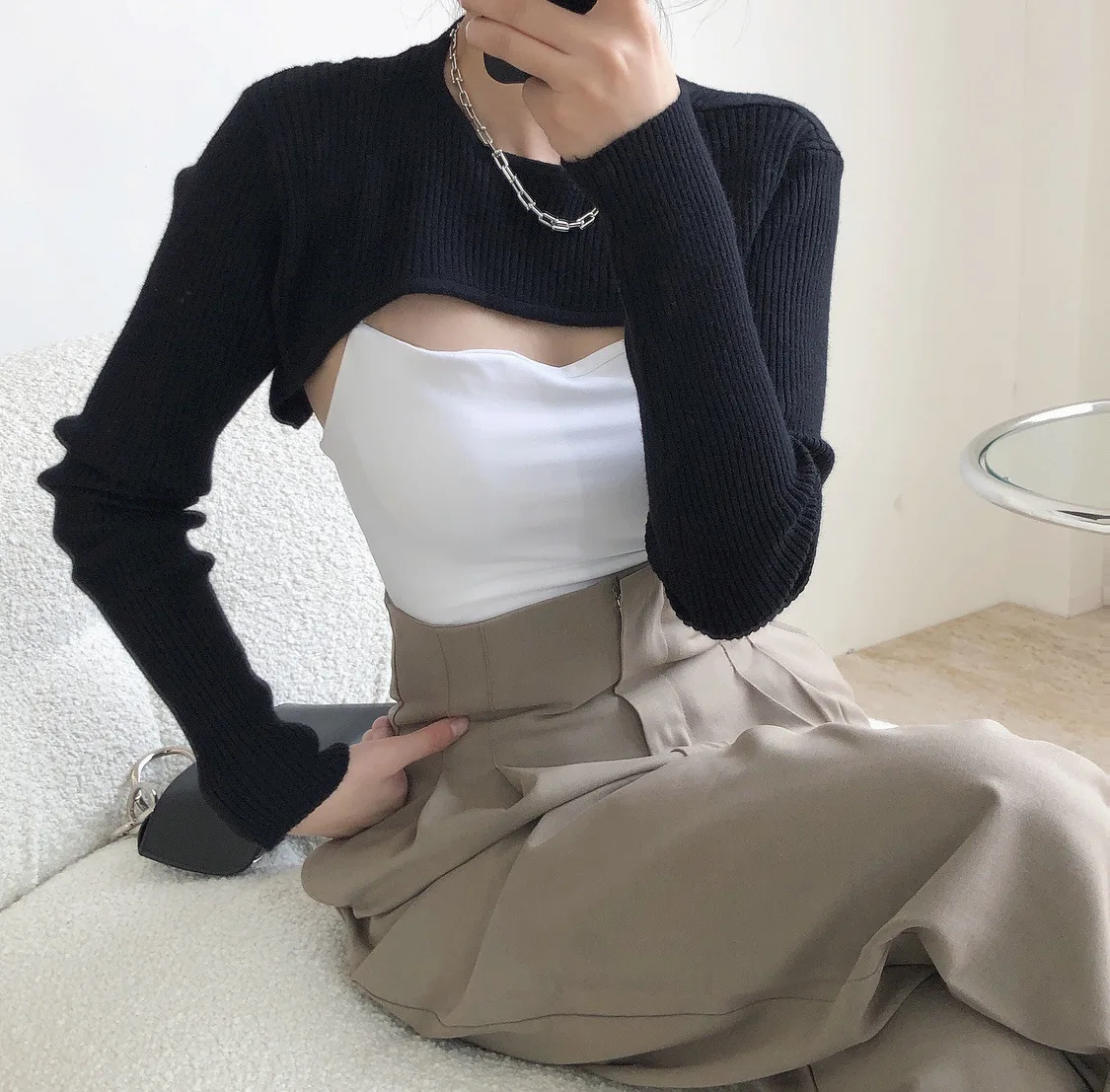 

Asymmetrical Knit Cropped Tops Pullover Bolero Shrugs Women Cut Out One Piece Sleeve Tops