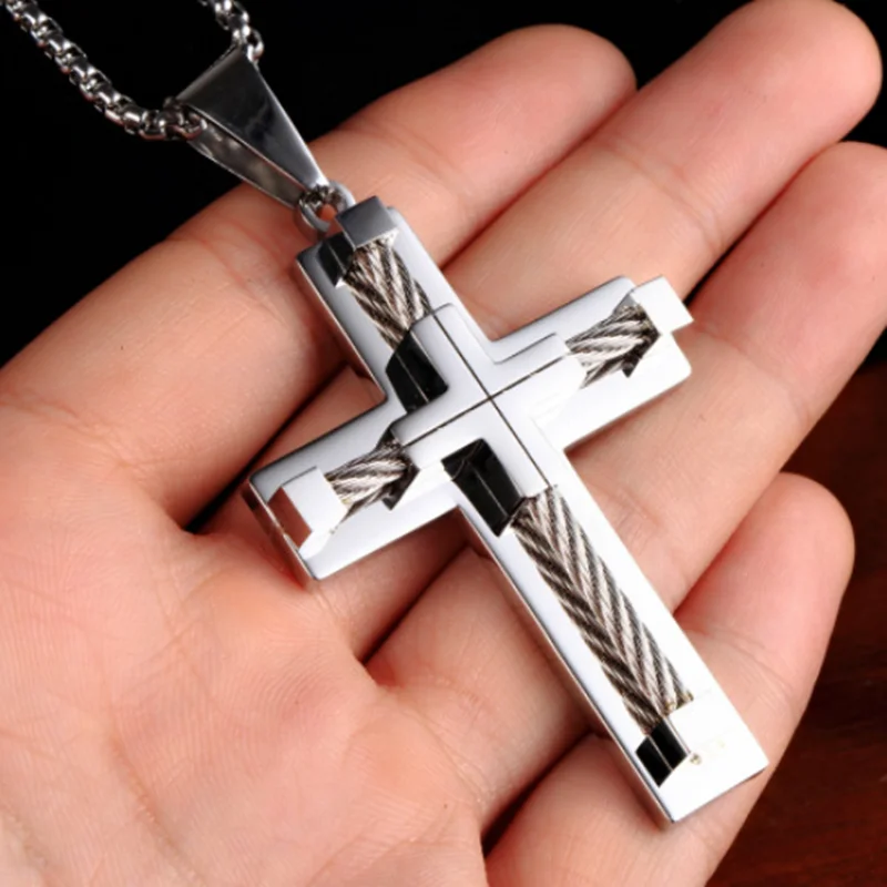 Stainless Steel Wire Cross Pendant Necklace Men Metal Cruz Necklaces For Male High Quality Jewelry Accessories