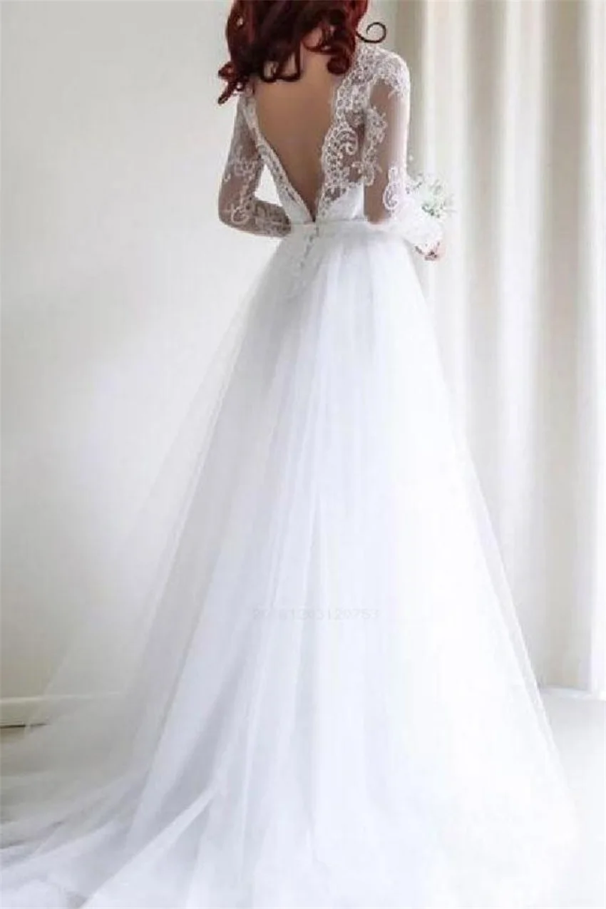 2020 a-linie Mit Langen Ärmeln Hochzeit Kleider Spitze Tüll Backless Brautkleider Boho Vestidos De Novia Sexy V-ausschnitt Nach Maß