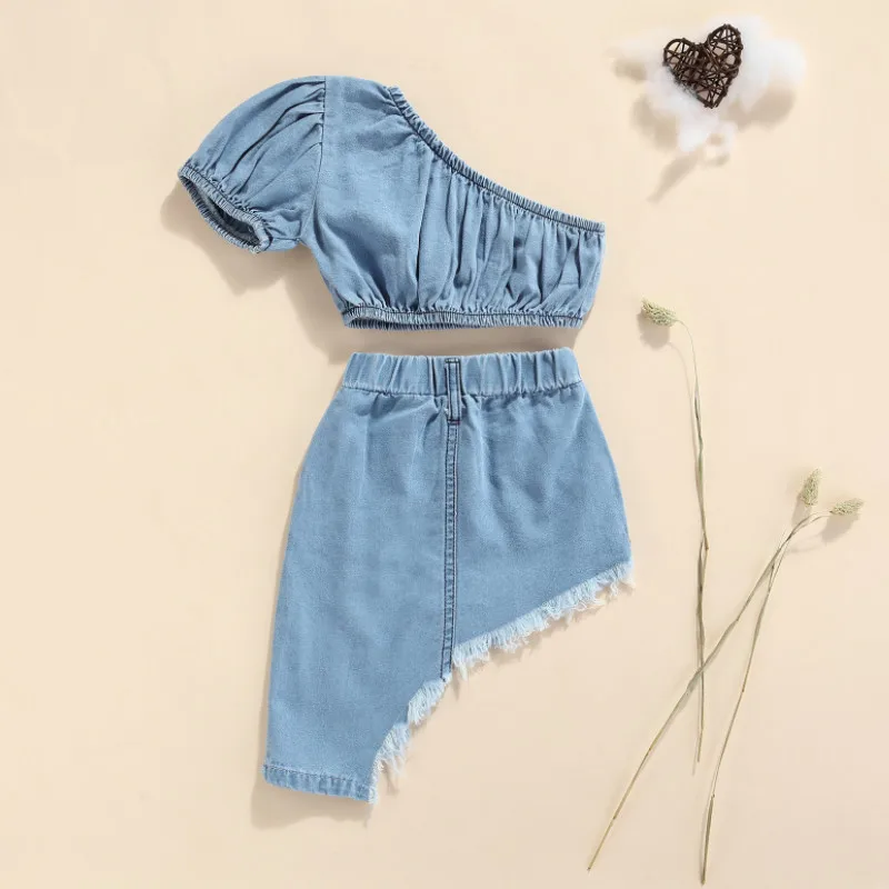 Girls Denim Clothes Set, Solid Color Short Sleeve Off-shoulder Cropped Tops + Irregular Hem Skirt