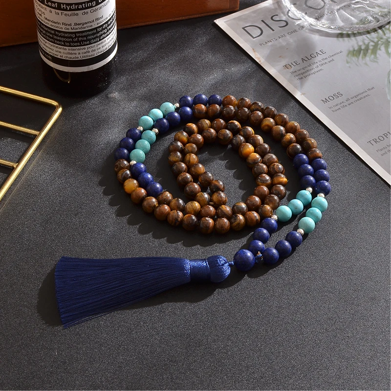 8mm Yellow Tiger Eyes Lapis Lazuli Blue Turquoise Beaded Necklace Meditation Yoga Jewelry Set 108 Japa Mala Prayer Rosary