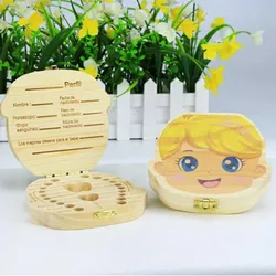 Nowe drewniane pudełko na zęby mleczne angielski/hiszpański/francuski/rosyjski/włoski/holenderski zęby pępowinowe Lanugo Organizer prezent Keepsakes Save