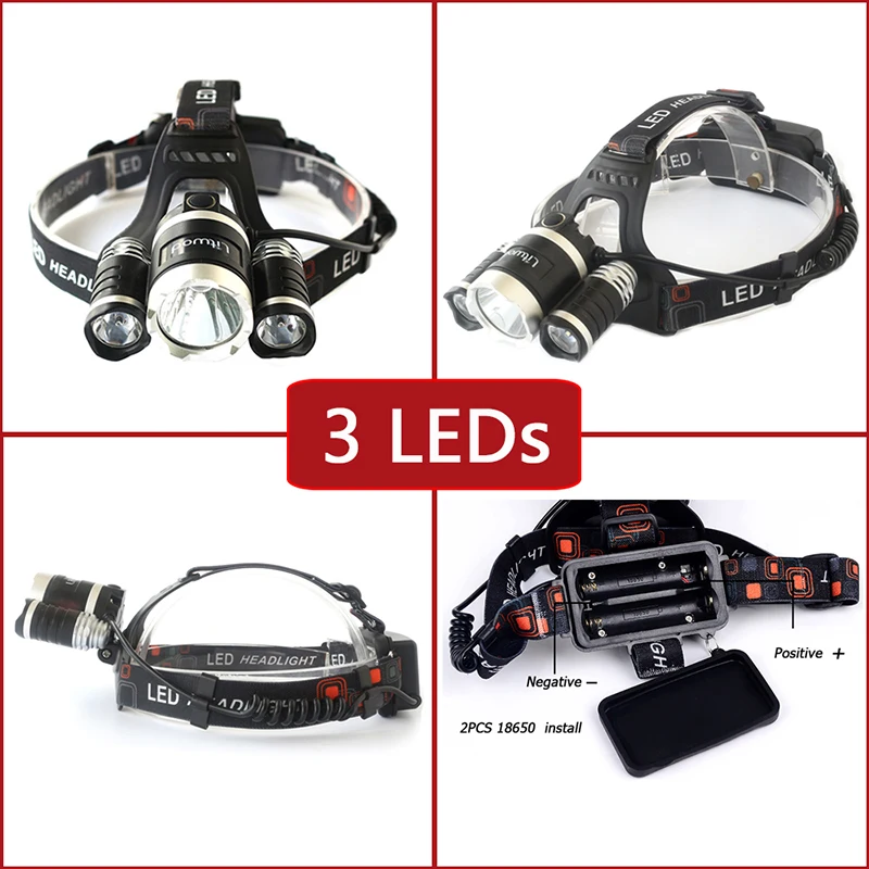 Powerful 3 led headlamp with sensor head flashlight Torch T6 fixed focus waterproof with rechargeable 18650 battery headlight