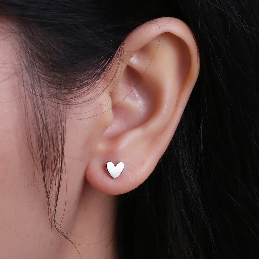 Genuine 925 Sterling Silver Stud Earring Love Heart Smooth Earrings Simple Small Sweet Fine Jewelry Gift for Women