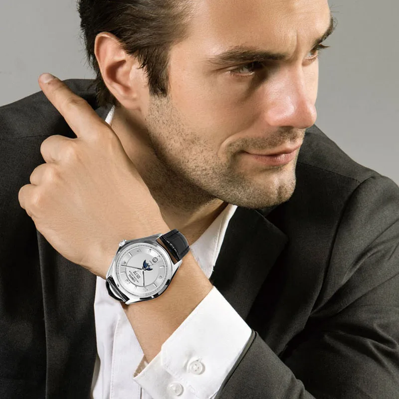 LOBINNI الأعمال الميكانيكية ساعة رجالي موضة التلقائي رجل الساعات جلد طبيعي تاريخ الأسبوع القمر المرحلة عرض ساعة الذكور