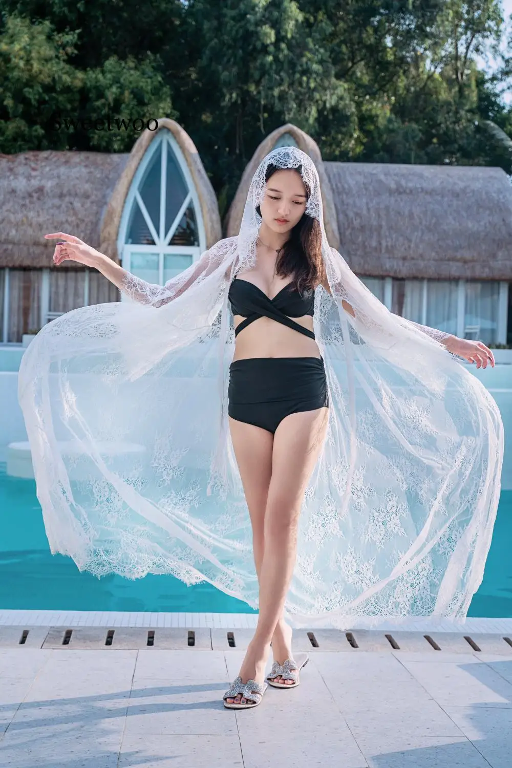 SWEETWOO Summer lace beach cover-up swimwear see through long cardigan hooded flare sleeve kimono sexy hot bikini outer cover