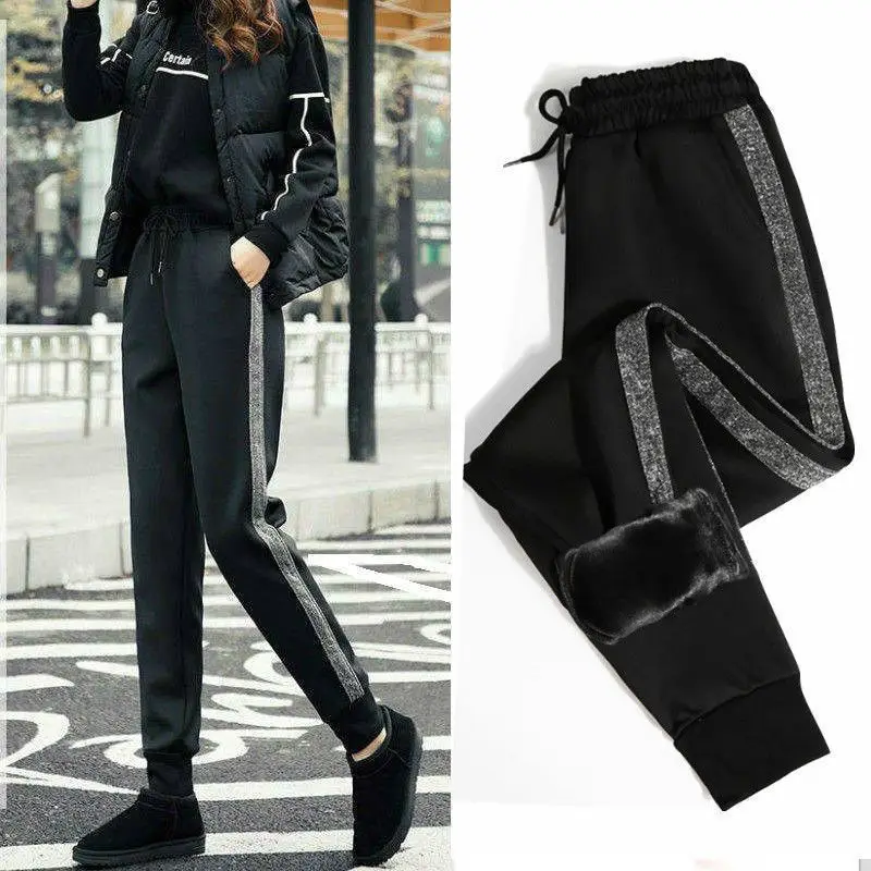 Black Velvet Sports Pants Female Autumn/Winter Ankle-Tied Harem Pants Korean Loose High Waist Thickened Exercise Pants for Women