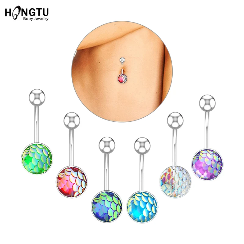 HONGTU 1PC 316L Surgical Steel Mermaid Scales Round Belly Button Rings 14G Navel Ring Stud Navel Barbell Piercing Sexy Piercings