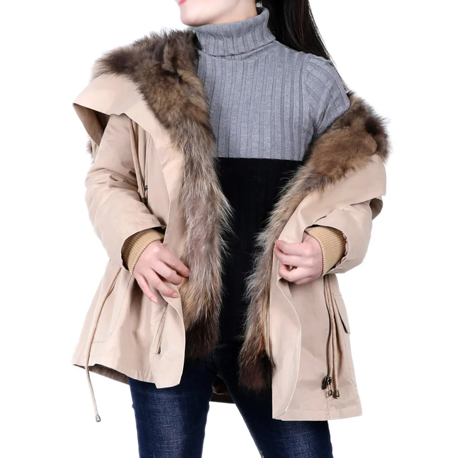 MAOMAOKONG Winter lined coats warm natural raccoon removal lining Women fur coat Women\'s leather jacket winter clothes parka