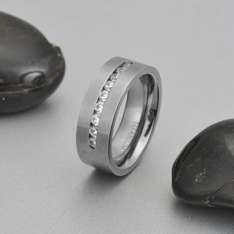 8mm Men Titanium Steel Wedding Ring With Nine Large Channel Sets of Cubic Zirconia CZ Stone for Men Wedding Anniversary Jewelry