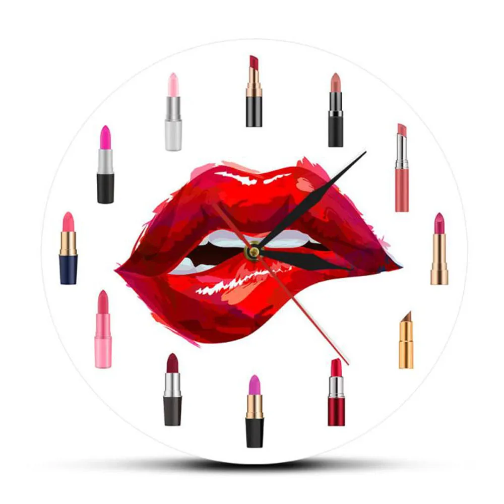 Unique Acrylic Red Lips Wall Clock Pretty Lipstick Printing Decorative Round Wall Clock Makeup Beauty Salon Art Fashion Pared Wo