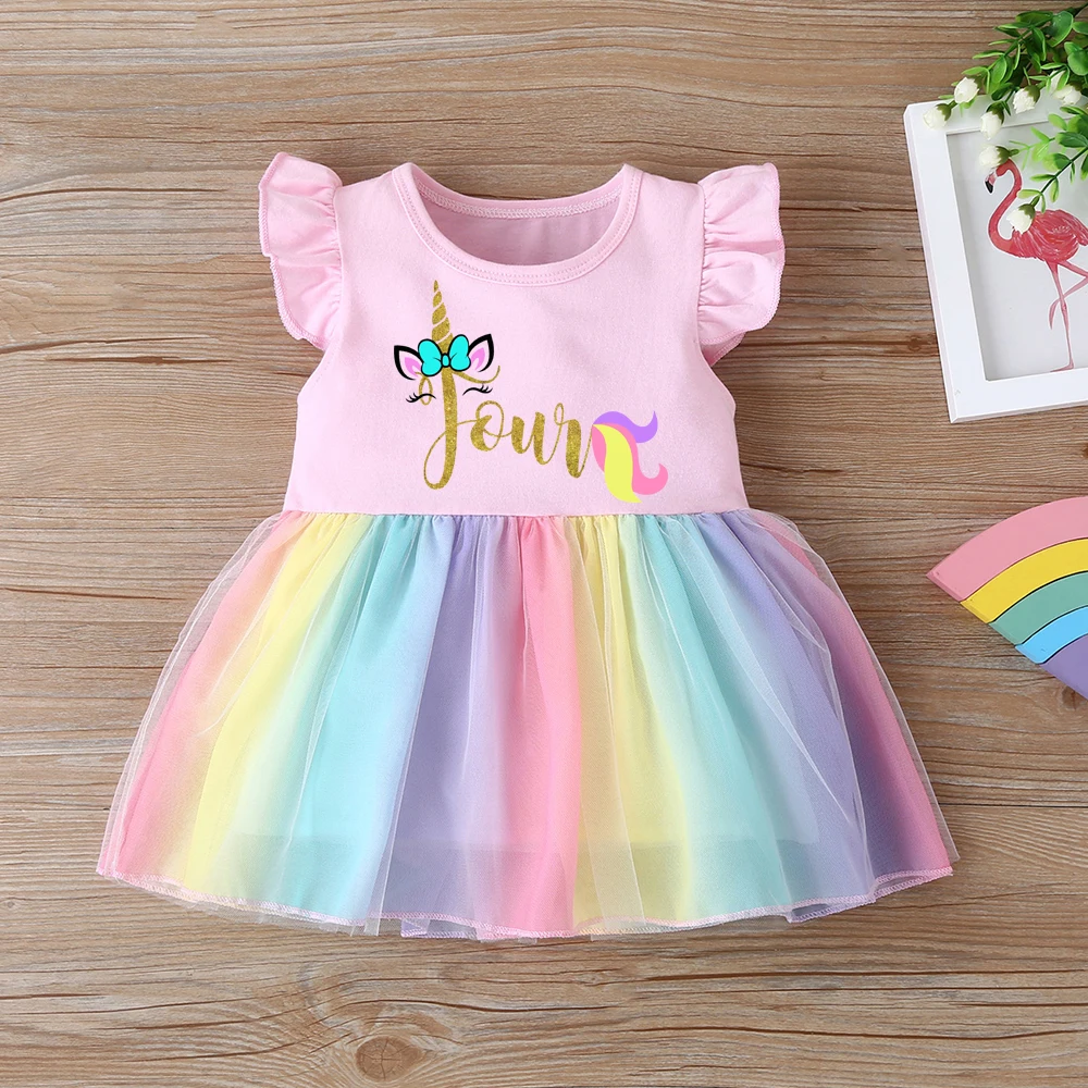 Unicorn Number Girl Birthday Dress Kids Rainbow Unicorn Dress Princess Girls Birthday Party Dress Children Summer Dresses