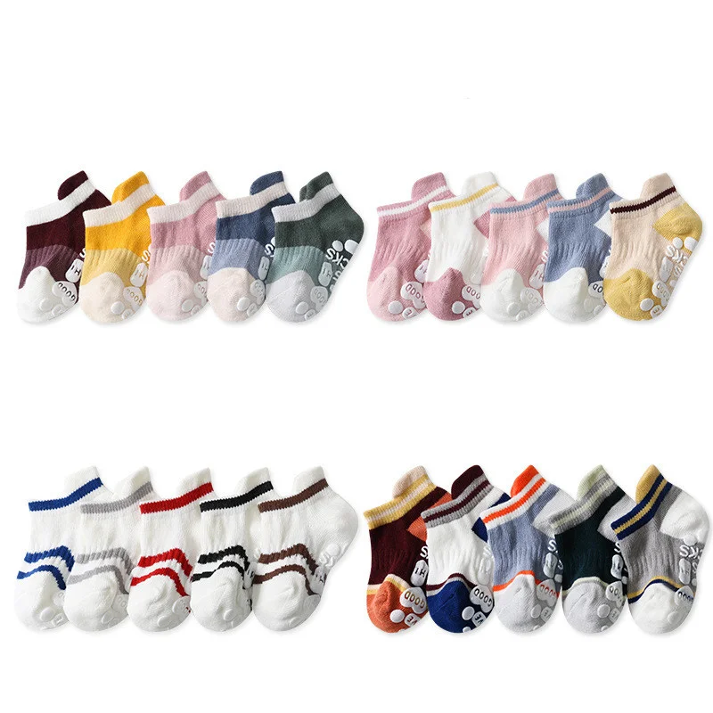 5Pairs/set 0-12Years Spring Autumn Children's Sock For Girls Boys Cotton Striped Kids Girl Boy Anti Slip Floor Game Socks 2023