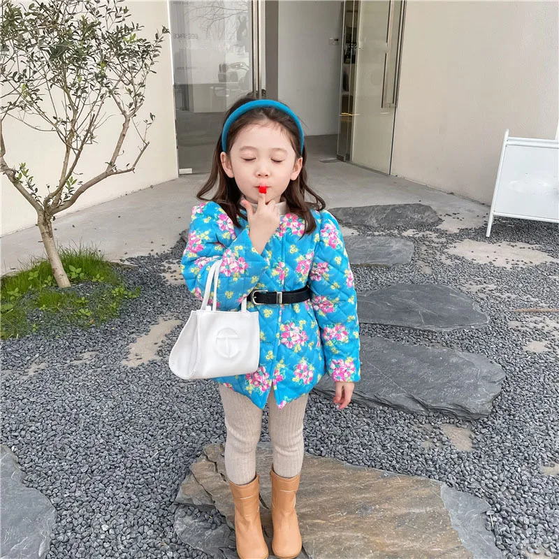 2021 Winter Korean Girl Idyllic Retro Fan Floral Cotton-Padded Jacket Children\'S Quilted Jacket