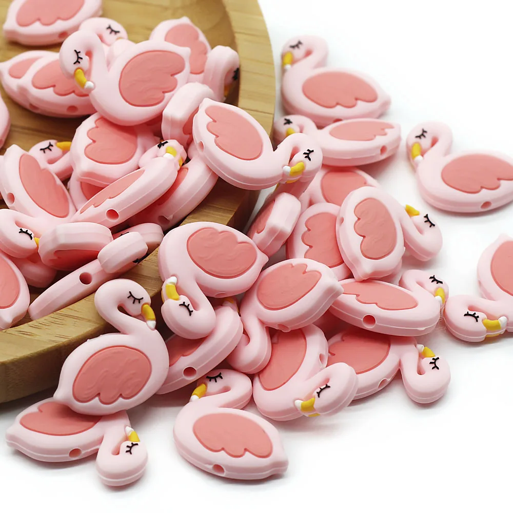 Cute-Idea 10PCs Silicone Mini Flamingo Beads Teething Chewable Pacifier Chain Handmade Accessories DIY Teether Baby Product